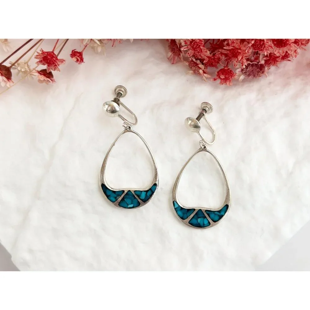Teardrop Hoop Turquoise Screw Back SW Vintage Sterling Silver 925 Earrings